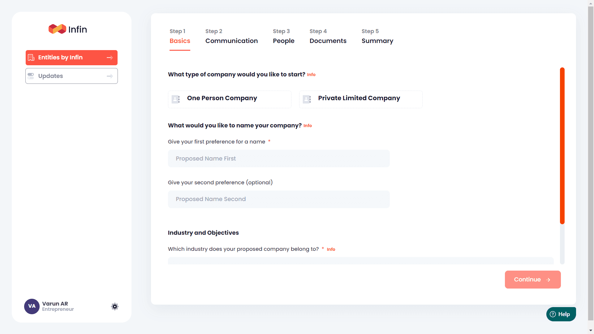 Infin Entities registration platform